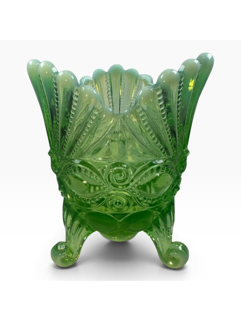 Vintage Inspired Mosser Eye Winker Green Glass Footed Spooner Bowl Intricate Em